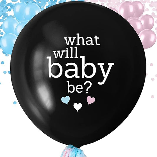 What Will Baby Be? Gender Reveal Balloon - 36 Inch Boy or Girl with Mini Balloons, Confetti & Backup - Black