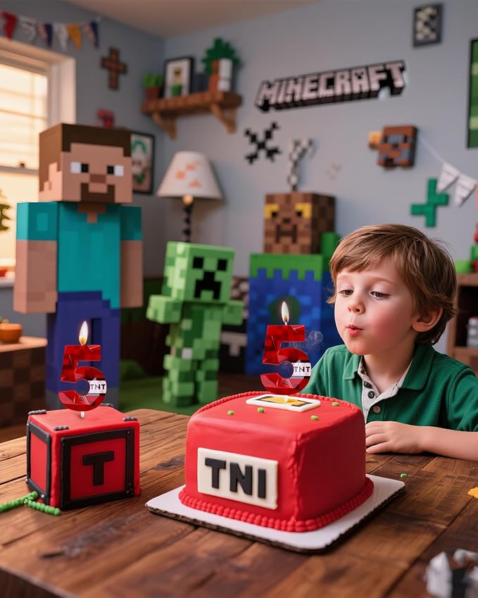 Number 5 Red Pixel Birthday Candle, TNT Themed Birthday Candles for Cake, 2.70 Inch Green Miner Number Candles, Game Themed Candle Birthday Decoration, Red Birthday Cake Topper for Boys Girls Party
