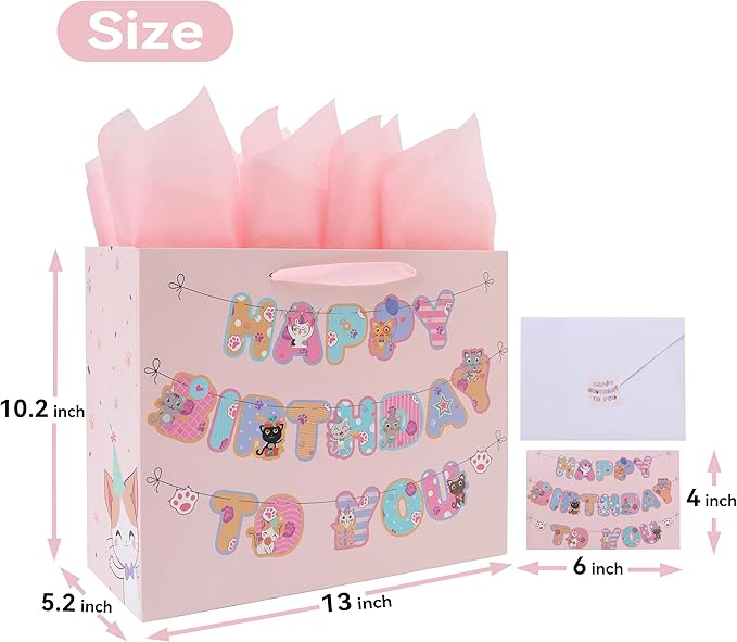 wishinside 13” Large Cat Happy Birthday Gift Bag Set with Handles, Greeting Card, Pink Tissue Papers and Stickers for Girls Kids Teens Women, Kitty-themed Banner Design, 1 Pcs