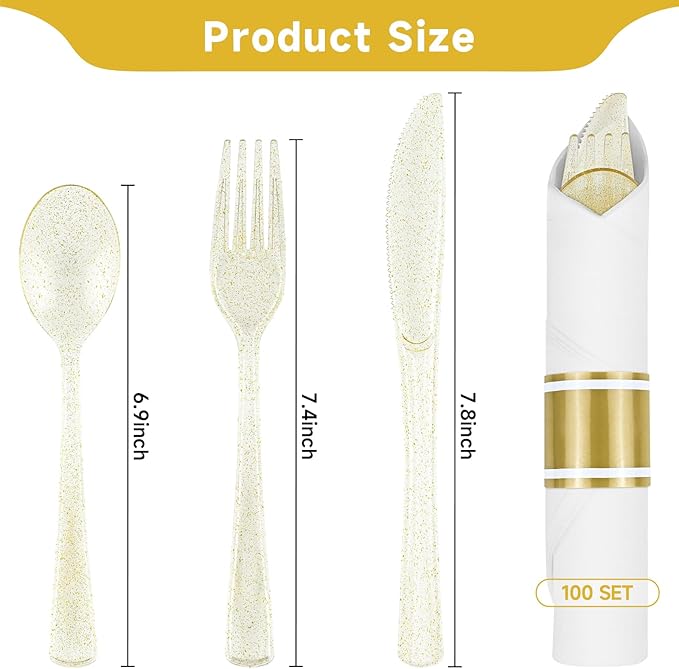 100 Pack Pre Rolled Gold Glitter Plastic Silverware Set, Heavy Duty Disposable Cutlery with 100 Forks, 100 Knives, 100 Spoons and Napkins, Wrapped Utensils for Parties Weddings Events