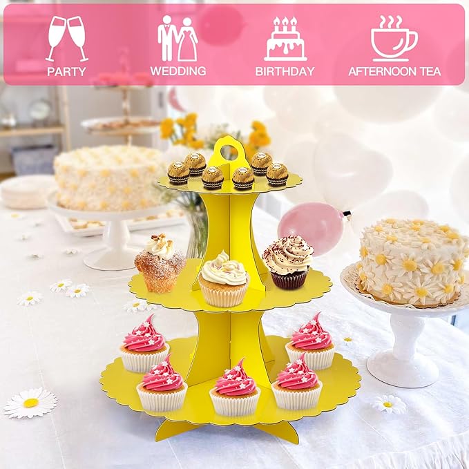 Soleebee 3-Tier Cupcake Stand, Cardboard Cupcake Tower, Dessert Cup Cake Stand Tower for Birthday Wedding Party Decoration, Cupcake Tier Stand 1 Set (Yellow)