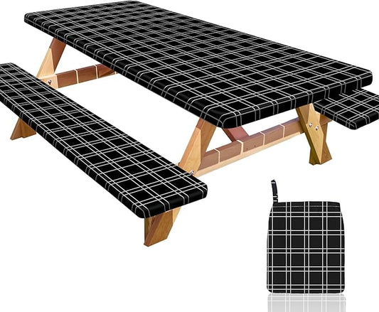 Picnic Table Cover with Bench Covers Portable Table Cloth Built-in Storage Pocket Fitted Tablecloth with Elastic Edges Waterproof Camping Essentials for Indoor Outdoor Rv,96in,Black