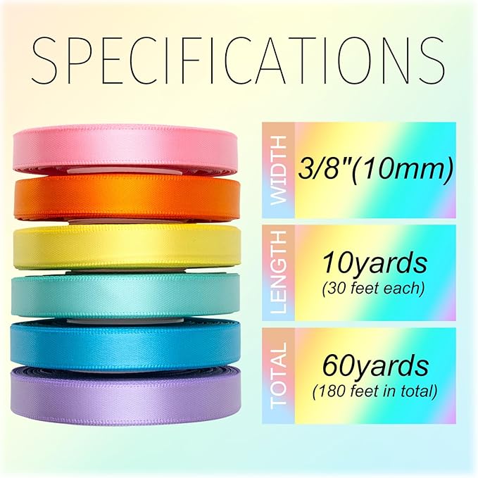 Pastel Rainbow Satin Ribbon 3/8 Inch Colorful Bulk Ribbon Rolls Assorted Solid Color Double Faced Satin Ribbons for Crafts Easter Baby Shower Birthday Wedding Gift Wrapping Hair Bows
