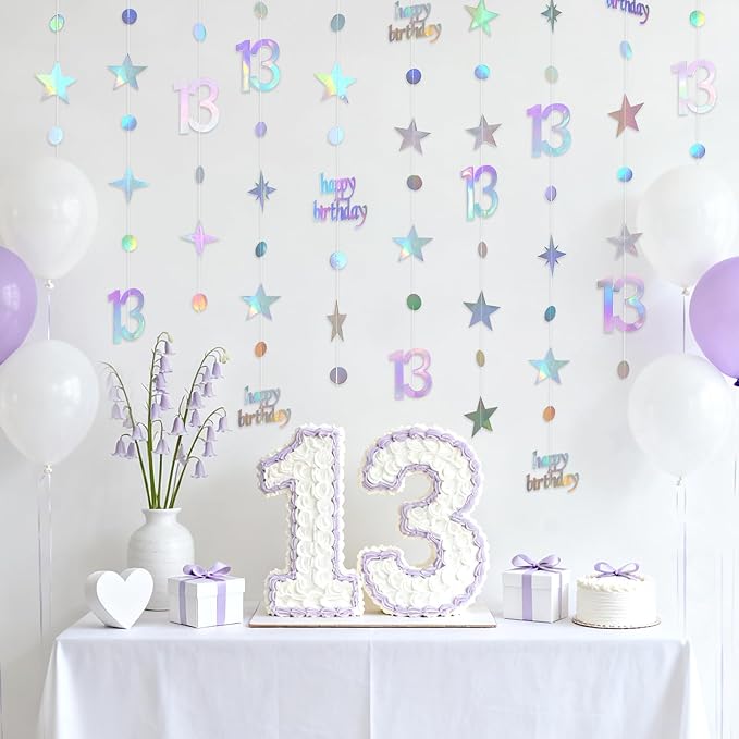 GCQQ 13th Birthday Hanging Decorations - 4 Packs Iridescent Happy 13th Birthday Banner 13 Year Old Circle Dot Twinkle Star Garland 46FT Thirteen Metallic Streamer Backdrop for Girl Boy Birth Day Party