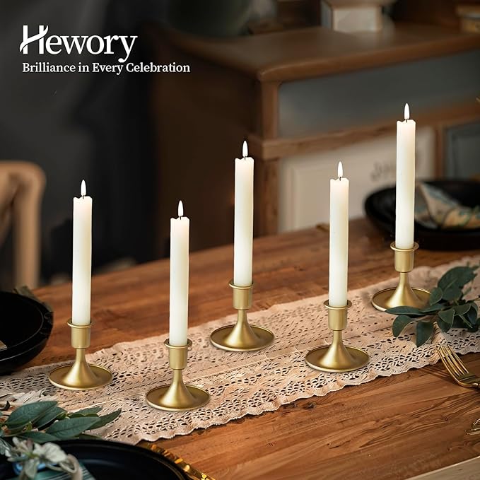 Gold Taper Candle Holder Set of 6, Hewory Short Skinny Brass Candlestick Holders, Vintage Small Low Metal Candles Sticks for Wedding Centerpieces Christmas Birthday Party Holiday Dining Table Decor
