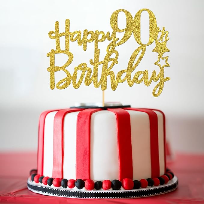 Gold Glitter Happy 90th Birthday Cake Topper - 90 Sign Cake Topper - Cheers to 90 Years Party Supplies - 90th Birthday Party Decoration