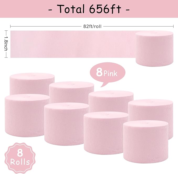 8 Rolls Pink Crepe Paper Streamers Party Streamers Photo Booth Streamers for Girls Birthday Baby Shower Wedding Princess Party Supplies（Total 656ft, 1.8Inch x 82Ft/Roll）