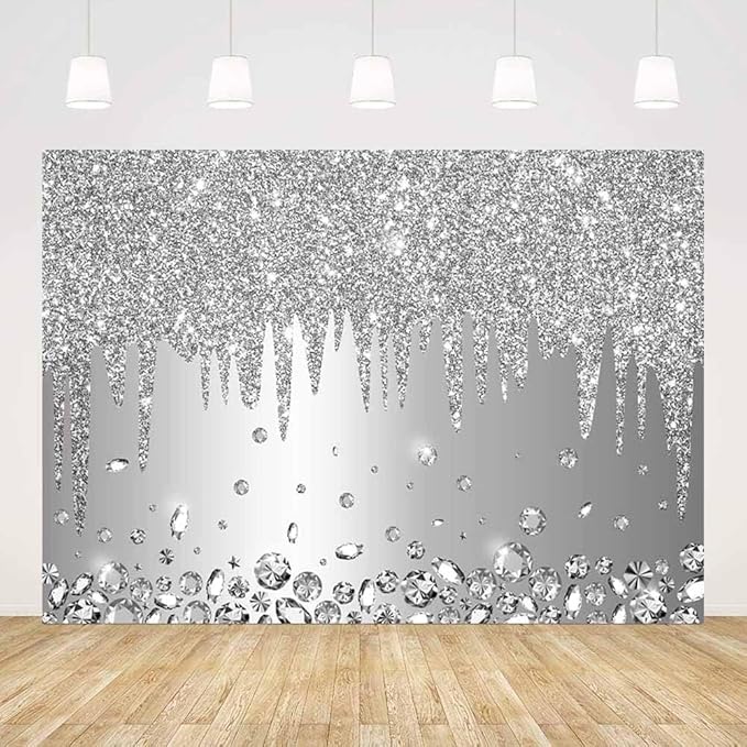 ABLIN 10x7ft Silver Backdrop Print Dripping Glitter Crystal Diamond Silver Happy Birthday Party Bridal Shower Wedding Decorations Photography Background Photo Shoot Props