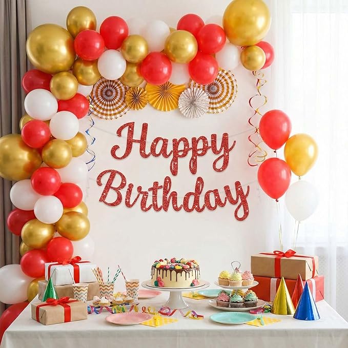 Glitter Happy Birthday Banner, DIY Birthday Party Banner Sign Decor for Women Girls Kids, Teens Adults 10 Feet, Reusable Celebration Party Supplies Garland Backdrop Decorations Signs (Red)