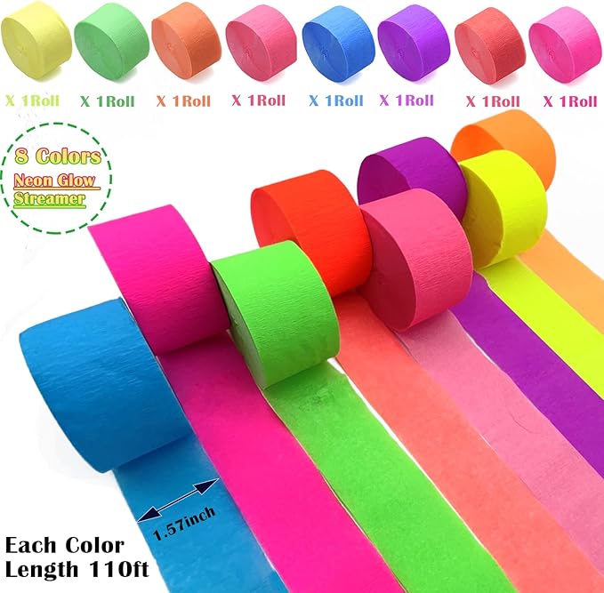 888 Feet Neon Glow Streamer Decorations - UV Reactive Fluorescent Neon Paper Streamers for Glow in The Dark Parties