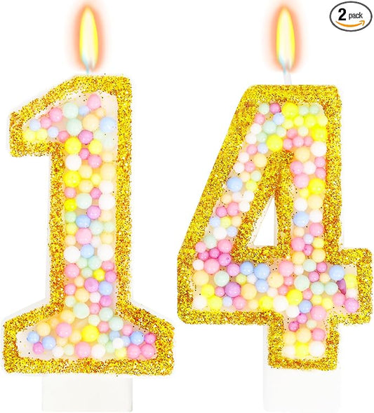 14th Birthday Candle for Cake, Colorful Macaron Numeral Candles for Girls/Boys, Birthday Party Cake Decorations, Golden Cake Topper for Birthday Party Supplies (Number 14)