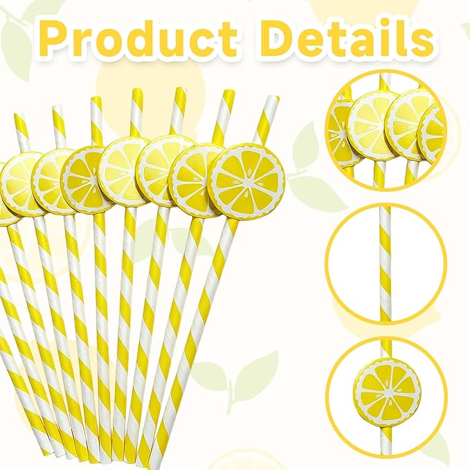 60 Pcs Lemon Paper Straws, Yellow Striped Drinking Straws for Lemonade Stand Party Supplies Disposable Lemon Straw for Cocktails, Juice, Shakes, Summer Fruit Theme Birthday Decorations