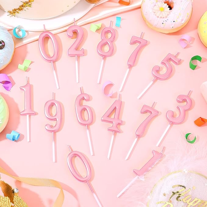 32 Pieces Number Birthday Candles Gold Cake Candles Number 0-9 Cake Decoration for Birthday Ten-Year Milestone Anniversary Wedding Party Celebration (Pink)