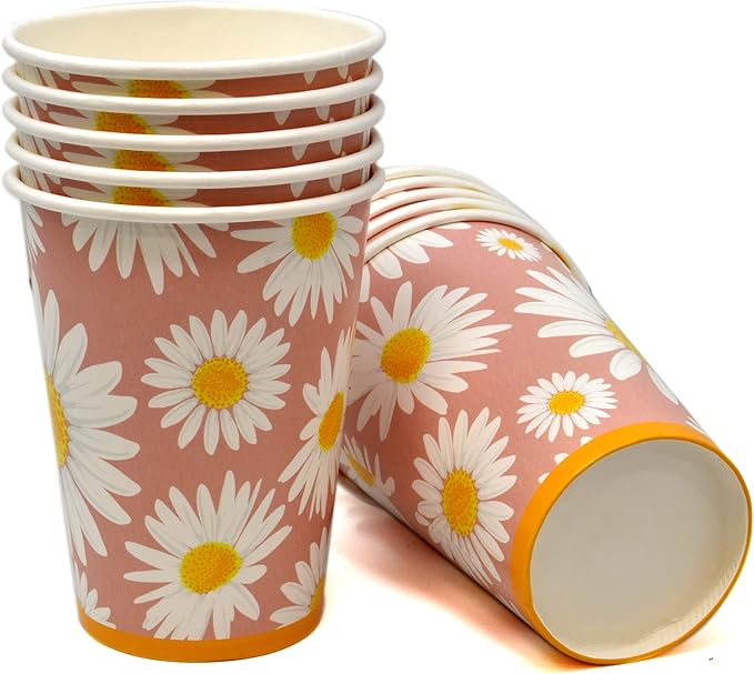 Gift Boutique Daisy Flower Party Supplies Tableware Set 9" 7" Paper Plates Cups Napkins Floral Summer Spring Groovy Birthday Disposable Dinnerware Serves 24