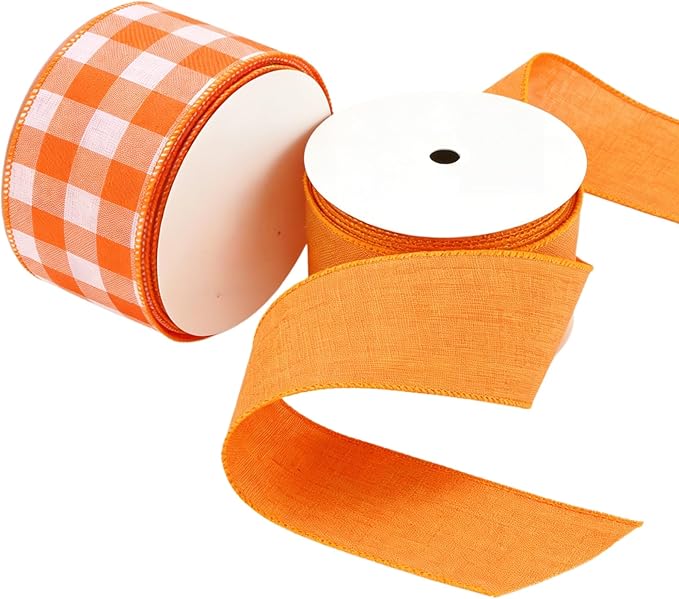 Meseey 2.5 Inch Fall Wired Ribbon Set, 2 Rolls Total 10 Yards Solid Orange & Orange White Buffalo Check Wired Edge Ribbon for Wreaths, Bows, Gift Wrapping, Thanksgiving & Halloween Decor