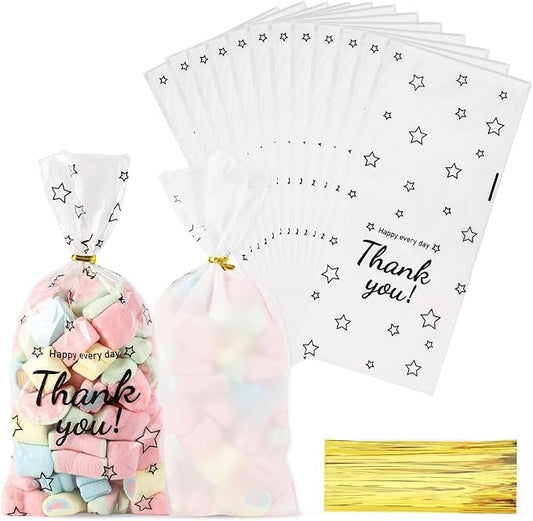 Docvania Cellophane Treat Gift Bags Thank You Printed Cookie Bags 100 pcs 5 X 11 Gift Bag with Ties for Mother's Day, Thanksgiving and Christmas