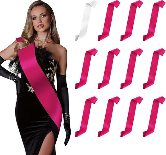 12pcs Sashes - White & Hot Pink Sash Party Favors for Graduation, Birthday, Bride To Be, Bridesmaid, Bachelorette, Prom Queen & President Sashes