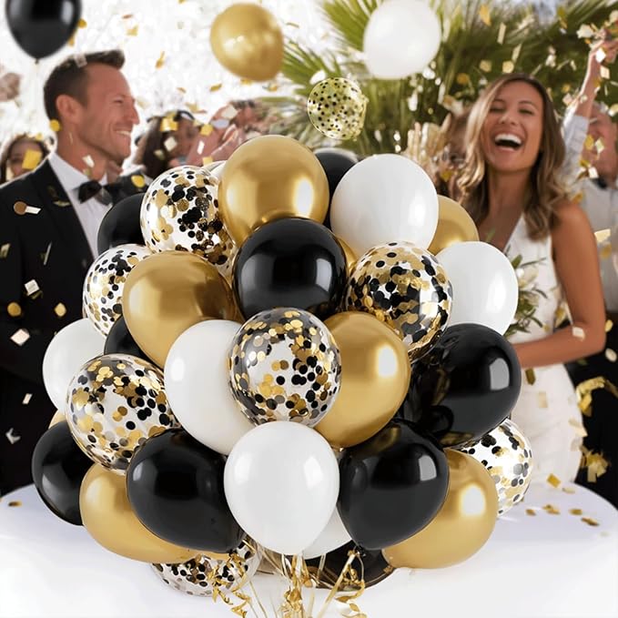 Black Gold White Balloons, 50pcs 12inch Matte White Black Metallic Gold Confetti Latex Balloons with Gold Ribbons for Birthday Graduation New Years Retirement Party Decorations