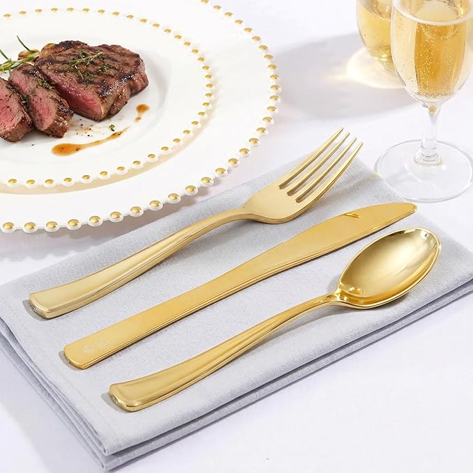 Supernal 360pcs Gold Plastic Silverware Heavy Duty Disposable Cutlery Gold flatware Sets Include 120 Forks, 120 Knives, 120 Spoons, Suitable for Party, Birthday, Wedding