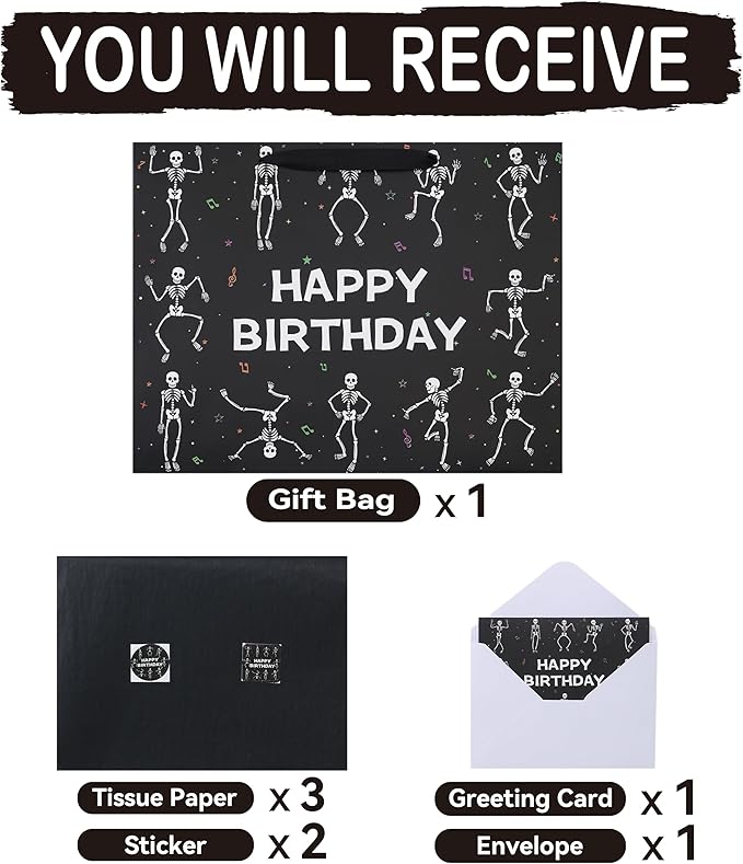 wishinside 16.5'' Extra Large Black Birthday Gift Bag Set with Handles, Greeting Card, Tissue Papers and Stickers for Men Boys Kids Teens for Birthday Party, 1 Pcs