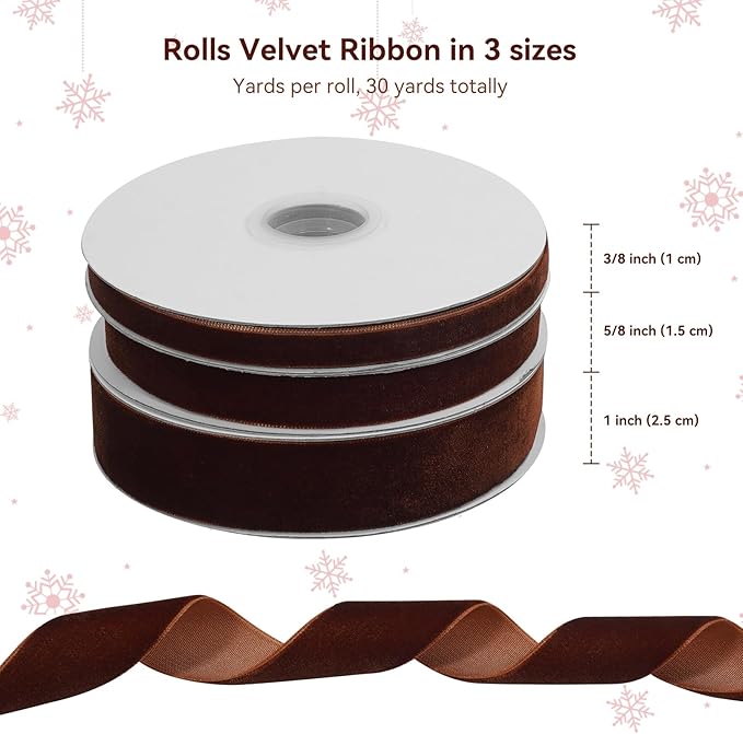 Brown Velvet Ribbon for Gift Wrapping, 3 Rolls Vintage Thin Velvet Ribbon Set for Christmas Tree Decoration, 3/8, 5/8, 1 inch Wide, 30 Yards Totally, Thick Christmas Ribbons for Bow Ornaments