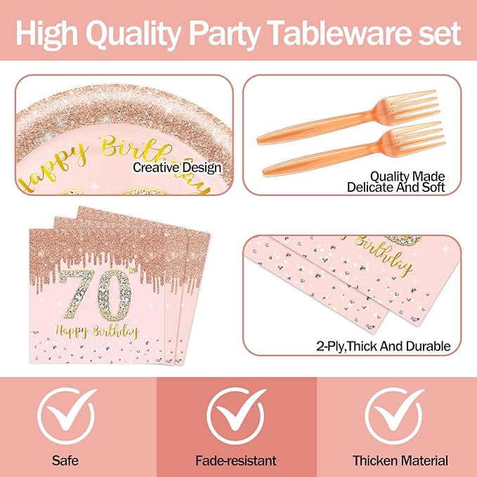 60 PCS 70th Birthday Decorations for Women, 70th Birthday Plates and Napkins Rose Gold Disposable Tableware Set Party Supplies for Women Cheers to 70 Years Anniversary (70TH)