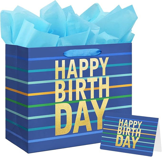 13" Large Blue Gift Bag with Tissue Paper, Card and Handles for Men's Birthday, Kids' or Baby Boy (Stripe) (Large Blue)