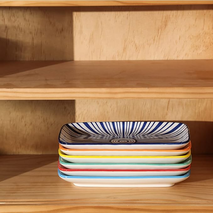 KitchenTour Rectangular Serving Platter, 8 inch Ceramic Dinner Plates Serving Trays Set of 6 for Salad, Appetizers, Sushi, Fruit, Microwave and Dishwasher Safe