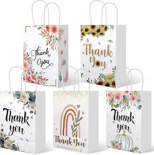 20Pcs Thank You Gift Bags with Handles, 8.2" x 5.8"x3.15" Flower Design Kraft Paper Gift Bags, Party Favor Bags for Wedding Birthday Shower Thanksgiving