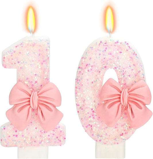 Birthday Candle for Cake, Pink Bow Number Candles, 2.76 inch Number Happy Birthday Candle, Cake Topper Decoration for Birthday Party (Number 10)