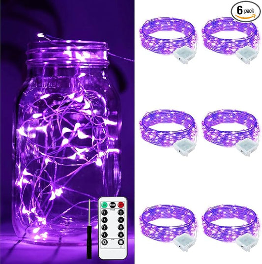 ZGWJ 6 Pack Fairy Lights Battery Operated with Remote, 7ft 20 LED Mini Fairy String Lights with Timer 8 Lighting Modes Waterproof for Halloween Christmas Tree DIY, Parties, Bedroom Decorations Purple
