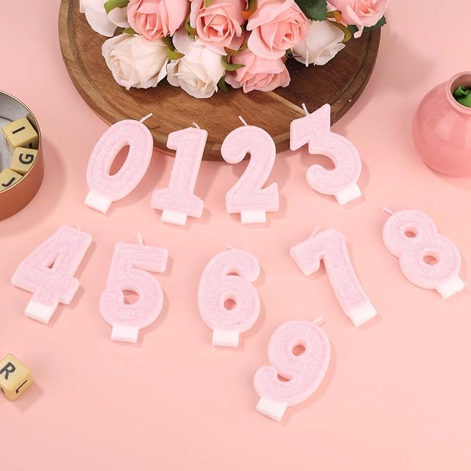 Pink Number Birthday Candles, Romantic Cake Glitter Pink Number Candles Anniversary Cake Topper Decoration Cute Birthday Party Supplies for Wedding Anniversary Celebration Supplies (9)
