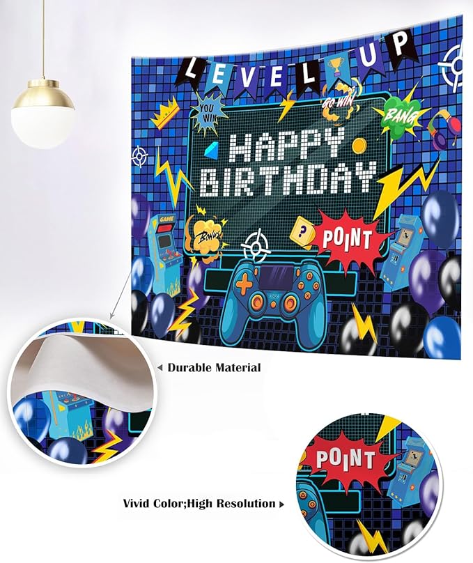 Mocsicka Video Game Birthday Backdrop Game on Happy Birthday Party Decorations Level up Party Background for Photography Wall Decorations Supplies (Happy Birthday, 10x7ft(120"x82"))