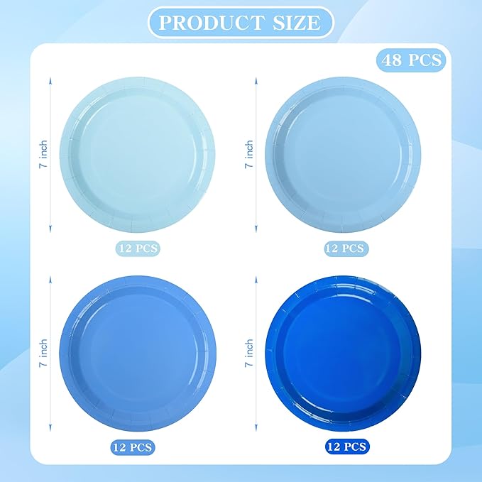 AimFun Blue Gradient Blue Party Plates 7'Disposable Round Dessert Plates for Birthday Wedding Bridal Engagement Baby Shower Party Supplies 48