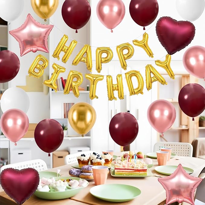 Burgundy Birthday Decorations for Women Girls,Burgundy Rose Gold Balloons Gold Happy Birthdays Balloon Banner for Women Girls Adults Birthday Party Decorations