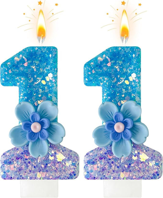 Blue Purple Flower Birthday Number Candles, Flower Theme Party Decorations, Cupcake Decorations, Suitable for Party Celebrations, Boys and Girls Birthday Decorations（11）