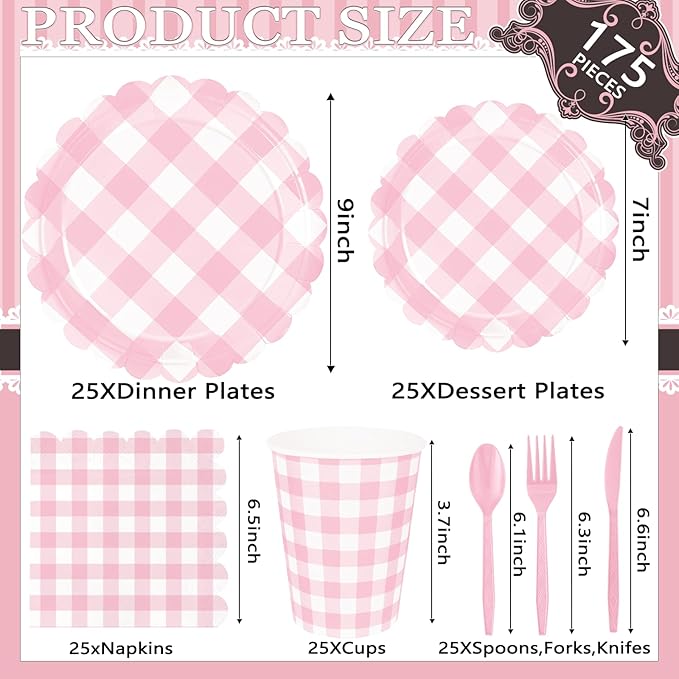 175 Pcs Pink Scalloped Gingham Party Supplies for 25 Guests, Pink and White Checkered Paper Plates, Cups and Napkins Sets for Baby & Bridal Shower, Wedding, Birthday Party, Outdoor Picnic