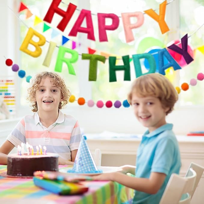 Happy Birthday Banner, Rainbow Color Felt Ball Garland Rainbow Decorations Personalized Sign for Birthday Decor Party Decor Photo Prop