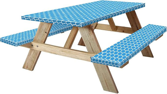 6ft Picnic Table and Bench Cover, Camping Essentials RV Gear, 72 in Waterproof Windproof Outdoor Elastic All Around Tablecloth, Fitted Rectangle Tables and Seats, Blue-White Moroccan