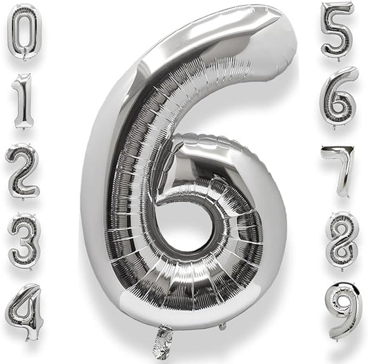 AULE 40 Inch Big Silver 6 Balloon Number Large Foil Helium Number Balloons 0-9 Jumbo Giant Happy 6th Birthday Party Decorations for Boy or Girl Huge Mylar Anniversary Party Supplies