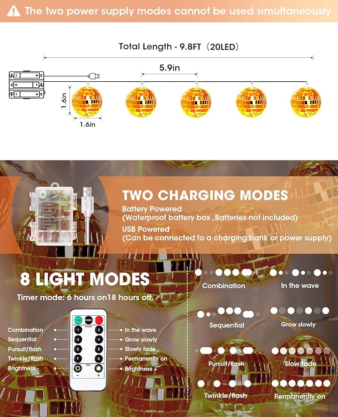 AceList Orange Disco Ball Decor 20 LED 9.8Ft String Light - Battery Powered and USB Plug, Fall Decor for 70's Party Decorations and Bachelor Birthday Parties, Mamma Mia