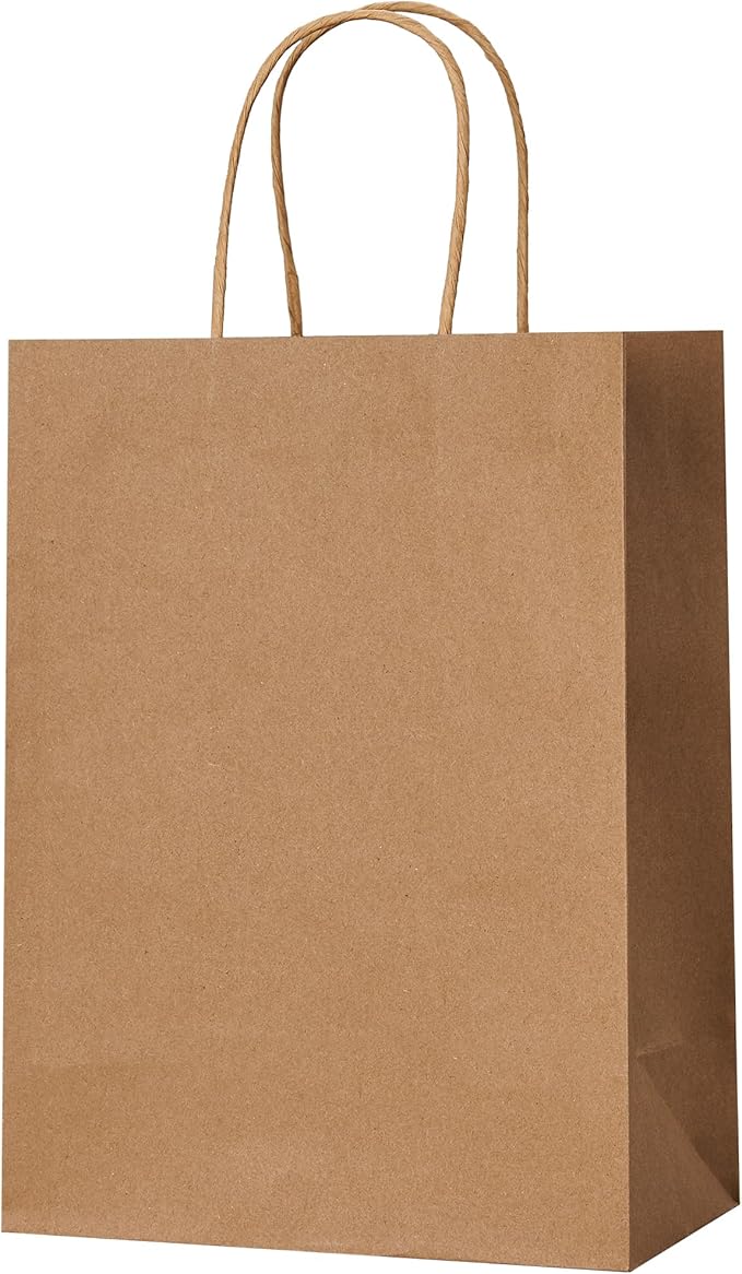 METAPRINT Brown Paper Gift Bags with Handles in Bulk, 50pcs Kraft Paper Bags 8x4.5x10.8 inch, Recyclable Shopping Bags for Retail, Grocery, Party Favors, Wedding