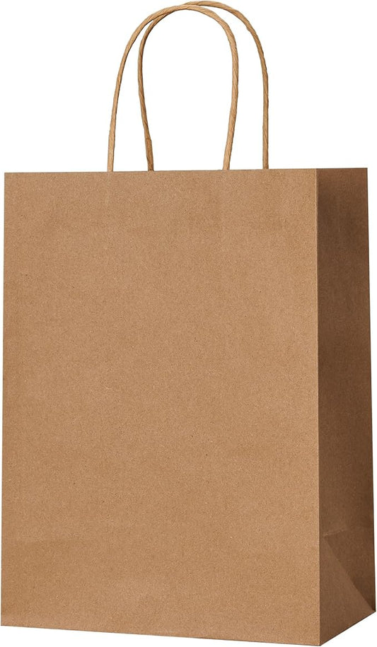 METAPRINT Brown Paper Gift Bags with Handles in Bulk, 50pcs Kraft Paper Bags 8x4.5x10.8 inch, Recyclable Shopping Bags for Retail, Grocery, Party Favors, Wedding