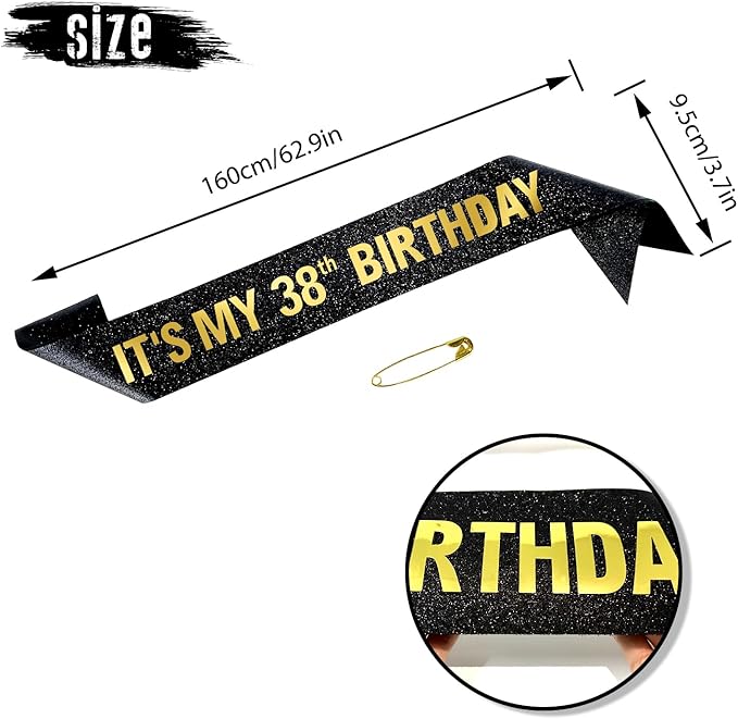 It's My 38th Birthday Sash for Men Women, Black Glitter Sash with Gold Foil