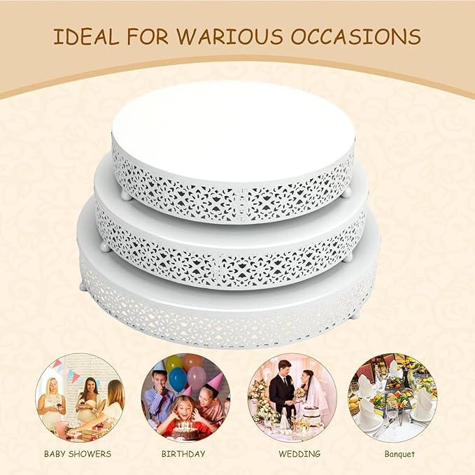 3 Piece Cake Stands Set 16'' 14'' 12'' Round Metal Cake Stands Cupcake Stand Riser Pastry Candy Display Plate for Dessert Table Wedding Event Birthday Anniversary Party (White)