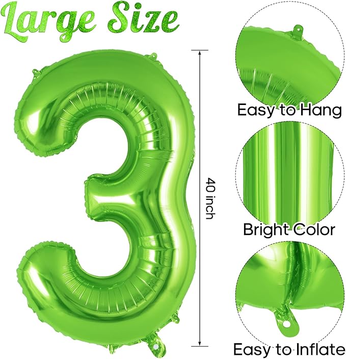 Green Number 3 Balloon 40 Inch, Big Large Foil Helium Number Balloons, Jumbo Giant Mylar Number 3 Balloons for 3 Third Birthday Party Decorations Supplies Anniversary Celebration