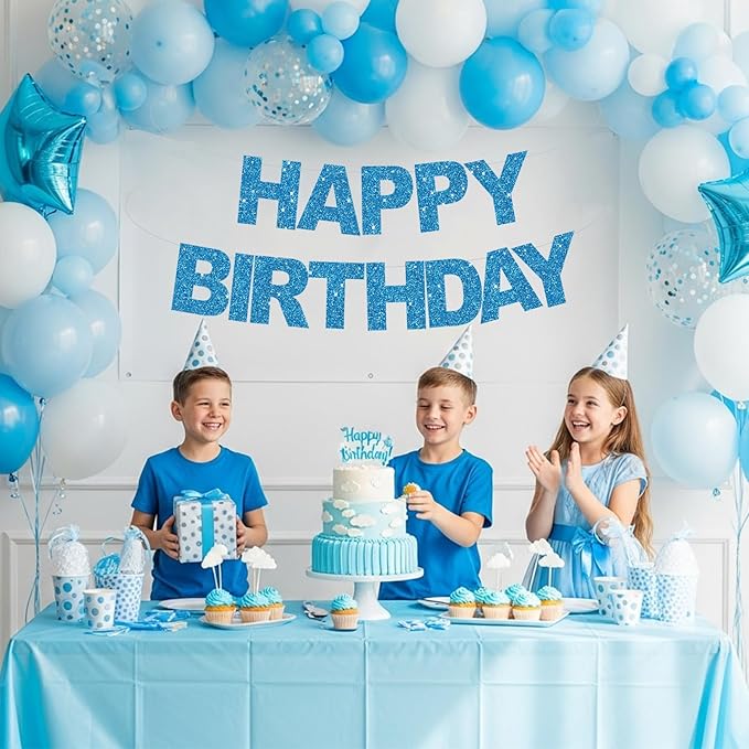 BEISHIDA Happy Birthday Banner - Pre-Strung No DIY Birthday Decorations - Happy Birthday Sign - Birthday Banner for Women, Kids - Backdrop Sky Blue