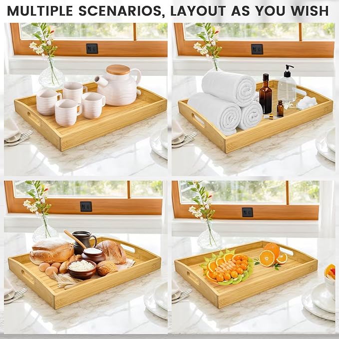 Bamboo Serving Tray with Handles Set of 4 - Decorative Wooden Trays for Eating, Working, and Storing, Suitable for Use in Bedroom, Living Room, Kitchen, Bathroom, Outdoor Scenarios and More