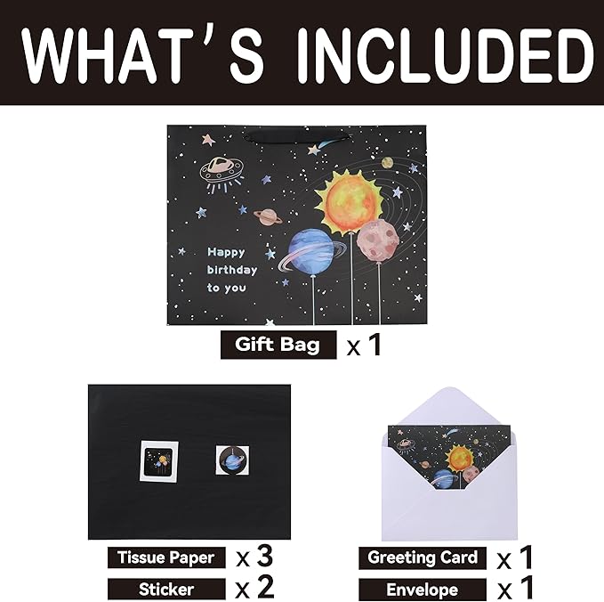 Qirrmiy 16.5” Extra Large Space Birthday Gift Bag Set with Handles, Greeting Card, Black Tissue Papers and Stickers for Boys Teens for Baby, Kids‘ Birthday Party, Newborn, 1 Pcs