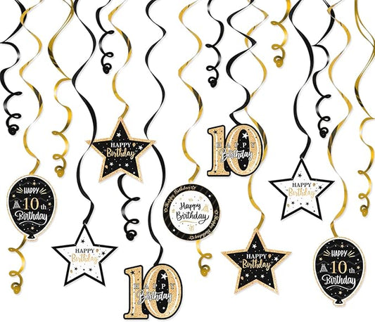 Happy 10th Birthday Black & Gold Glitter Swirls Streamers Party Decorations - 15 Pcs 10th Birthday Hanging Swirls Streamers Kit,Cheers to Ten Years Old Bday Party Sign.